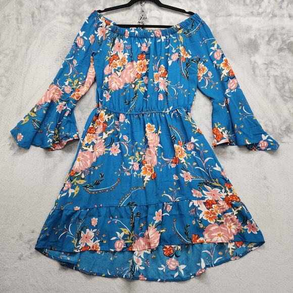 Xhilaration Dress M Blue Floral Off Shoulder High Low Hem Pockets Elastic Waist - Picture 1 of 12